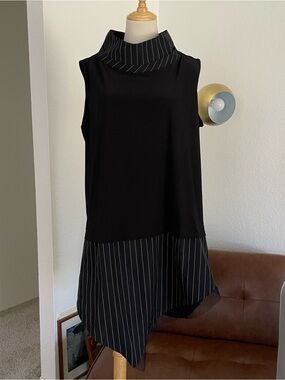 NWT Sun Kim Double Neck Striped Trim Asymmetrical Dress